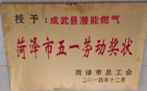 成武县尊龙凯时燃气有限公司获得2014年度“菏泽市五一劳动奖状”及“菏泽市学习型组织标兵单位”称号